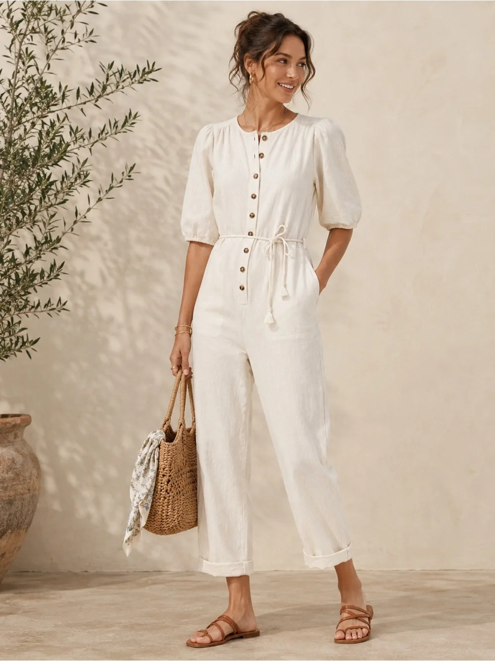 Madewell Linen Blend Jumpsuit | Puff Sleeve Utility Romper | NWT | XL - Picture 1 of 13